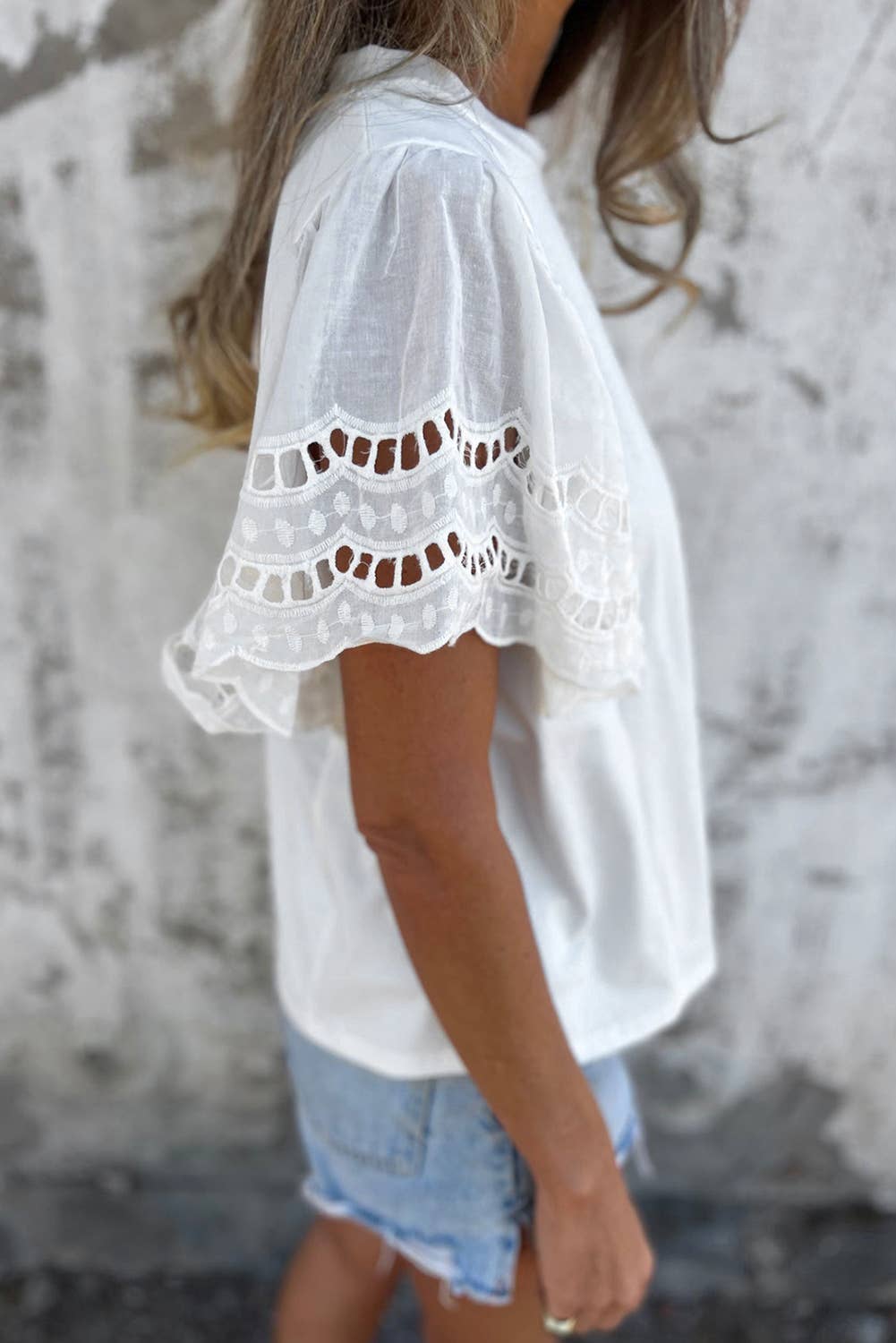 Hollow-Out Embroidered Short Sleeve Top