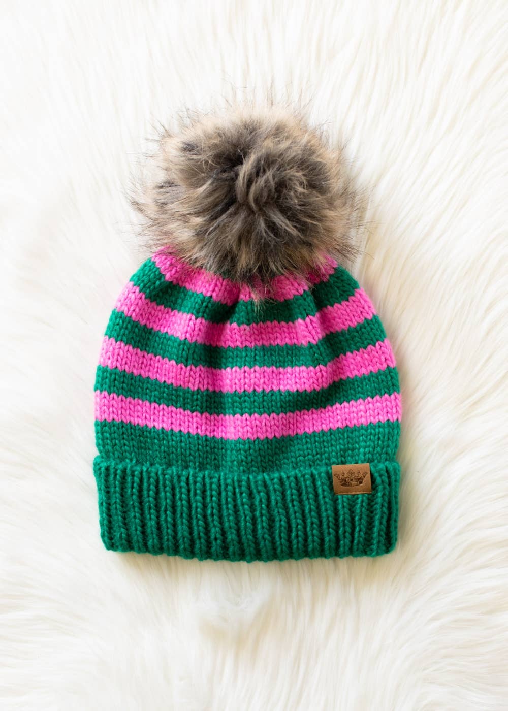 Green & Pink Striped Pom Hat
