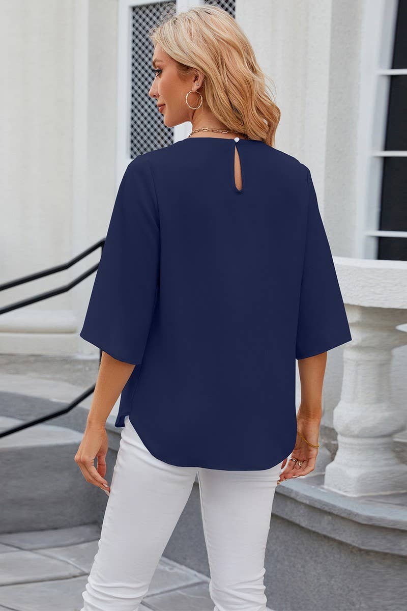 Navy Blouse with 3/4 Sleeve