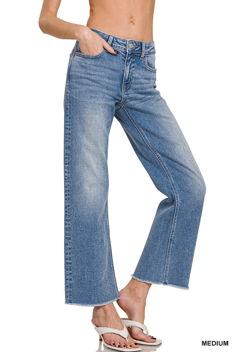 Waist Straight Leg Medium Wash Denim Jeans