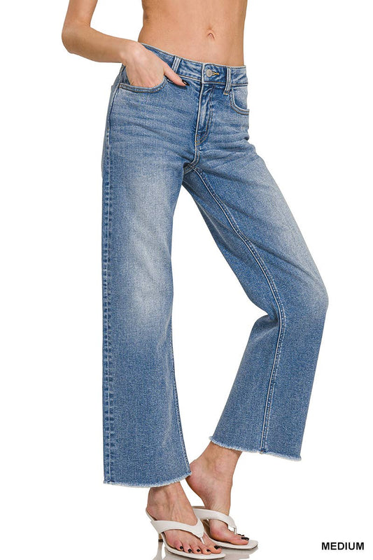 Waist Straight Leg Medium Wash Denim Jeans