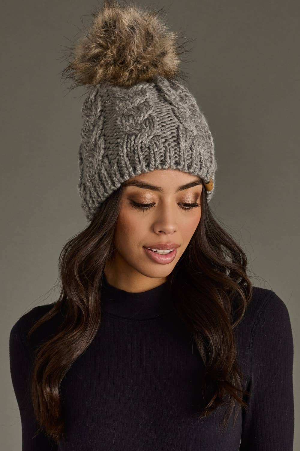Gray Cable Knit Pom Hat