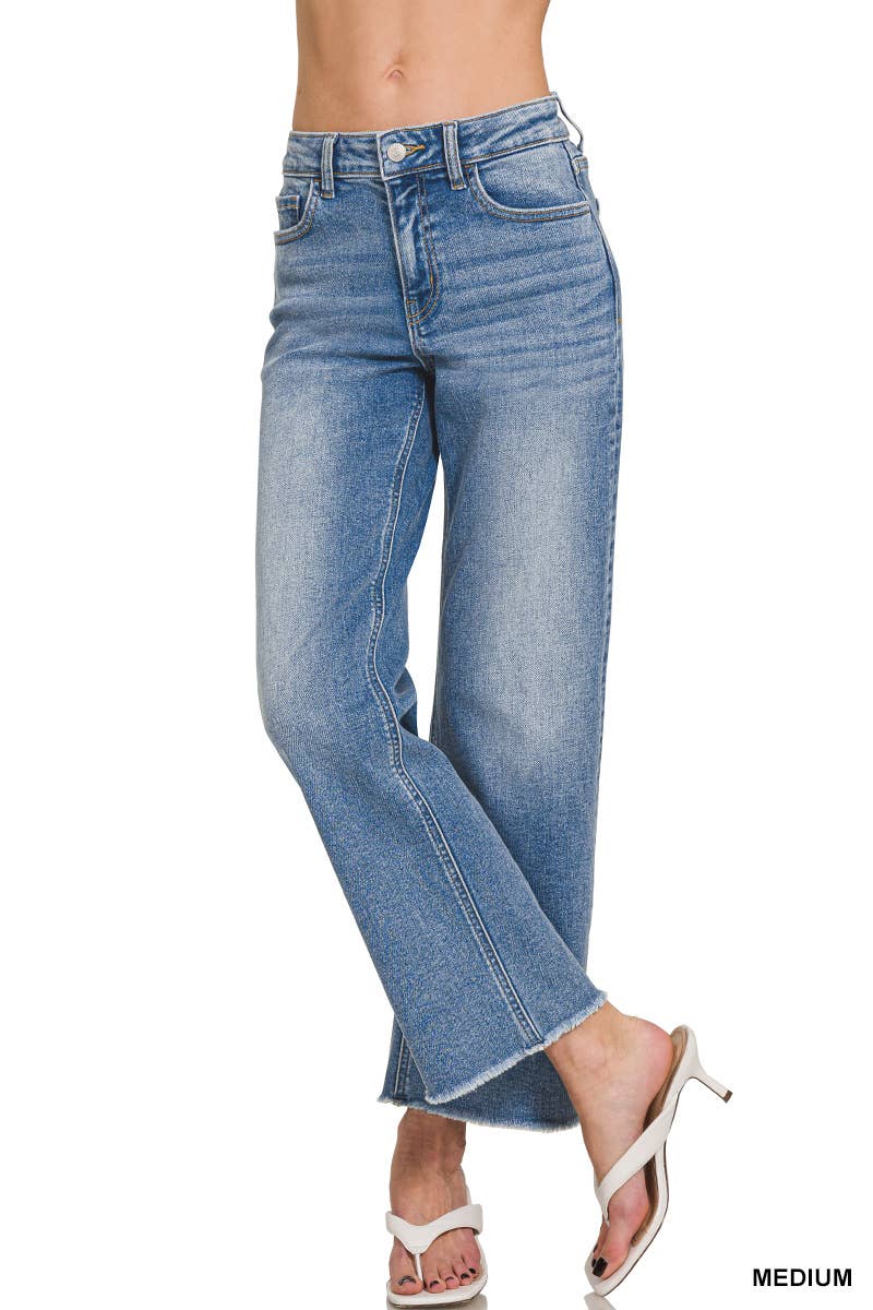 Waist Straight Leg Medium Wash Denim Jeans