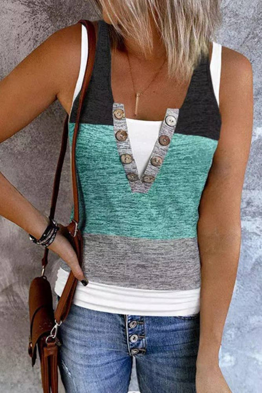 V-Neck Button Colorblock Tank Top