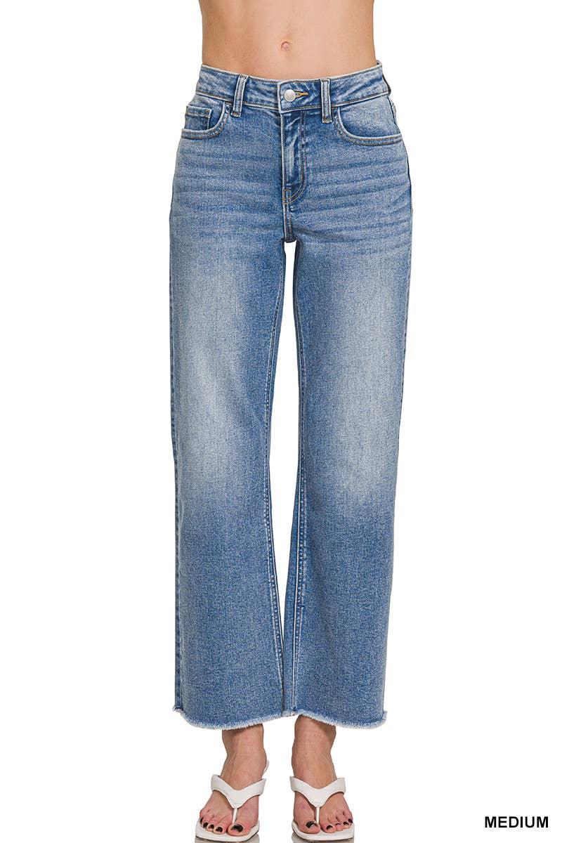 Waist Straight Leg Medium Wash Denim Jeans