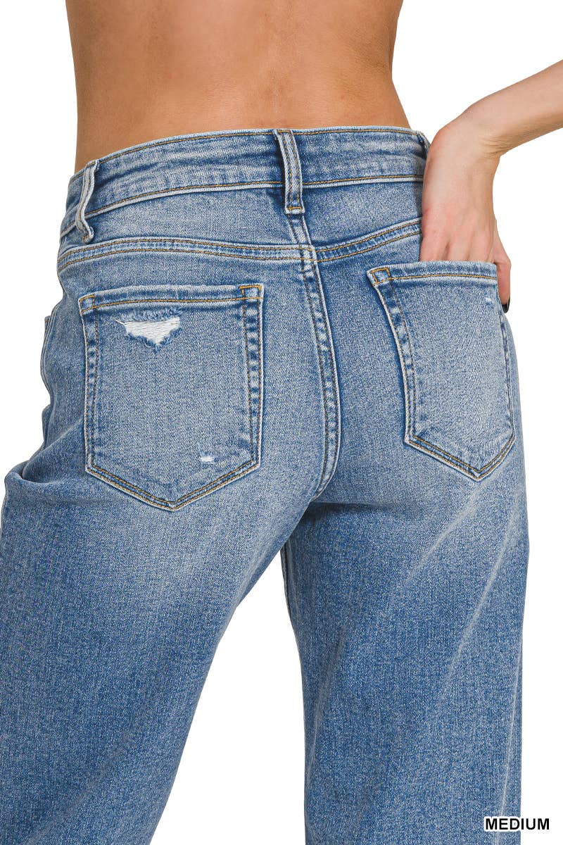 Waist Straight Leg Medium Wash Denim Jeans