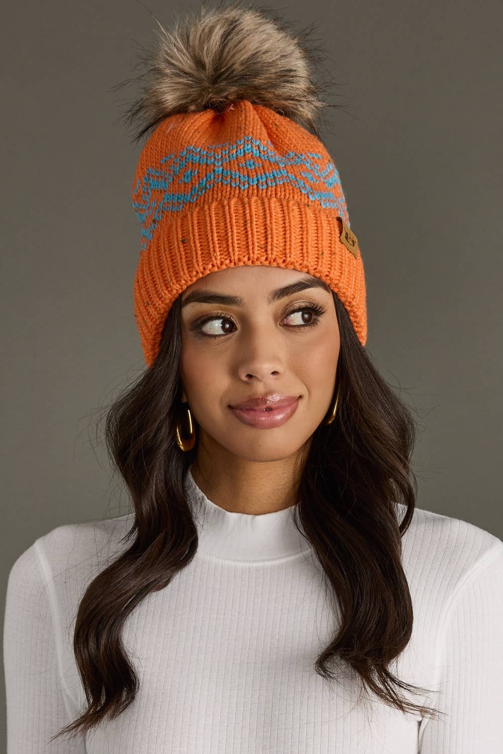 Orange & Speckled Pattern Pom Hat