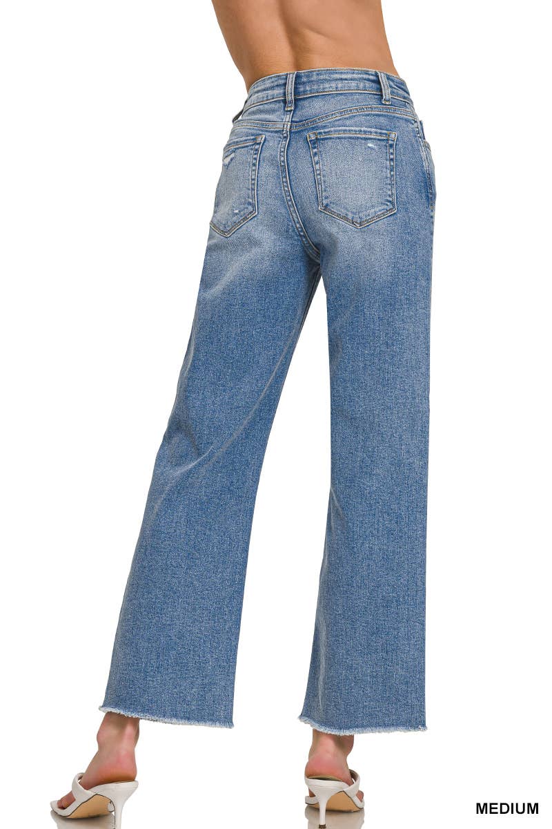 Waist Straight Leg Medium Wash Denim Jeans