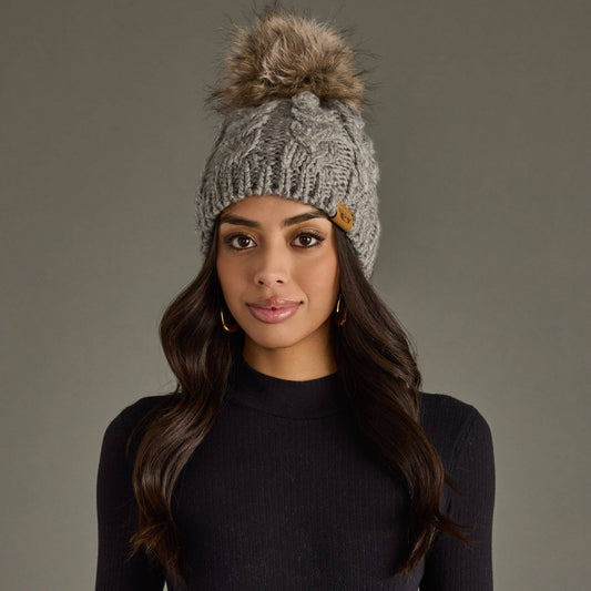 Gray Cable Knit Pom Hat