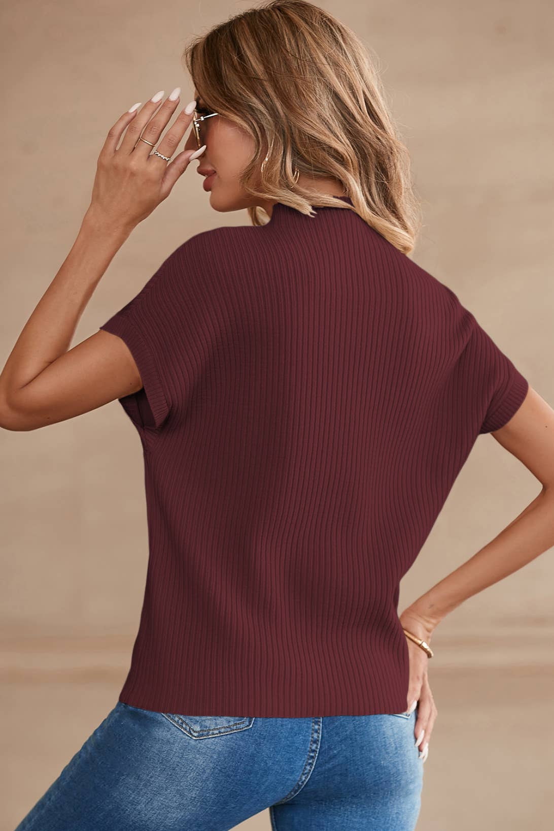 Ribbed Knit Short Sleeve Sweater