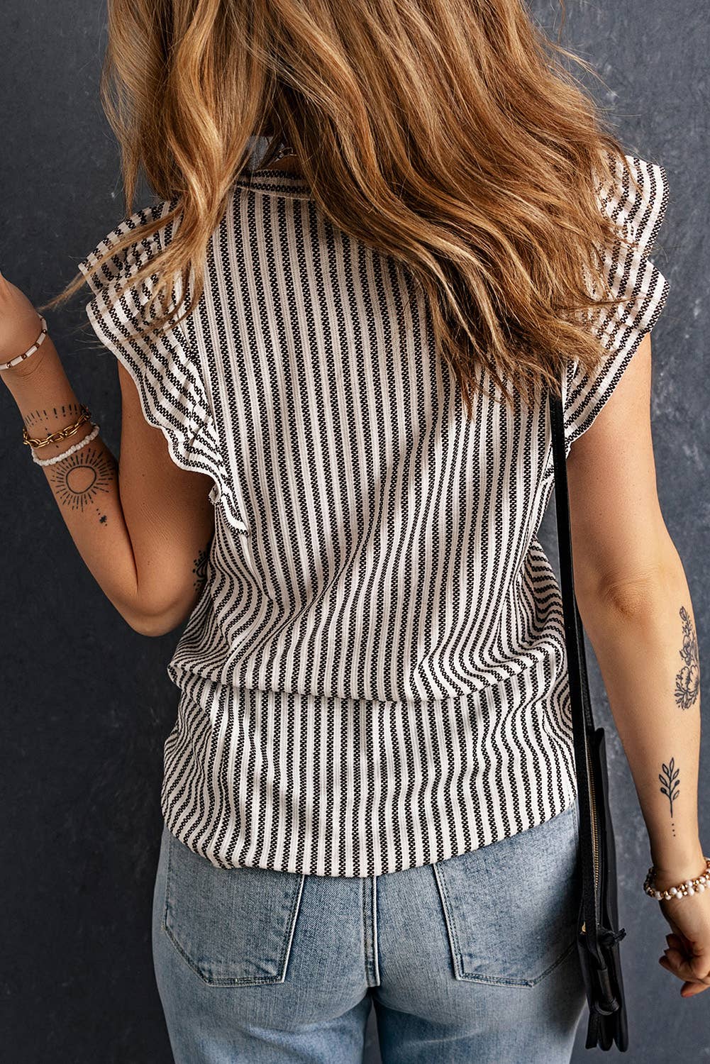 Striped Crew Neck Ruffled Tank Top