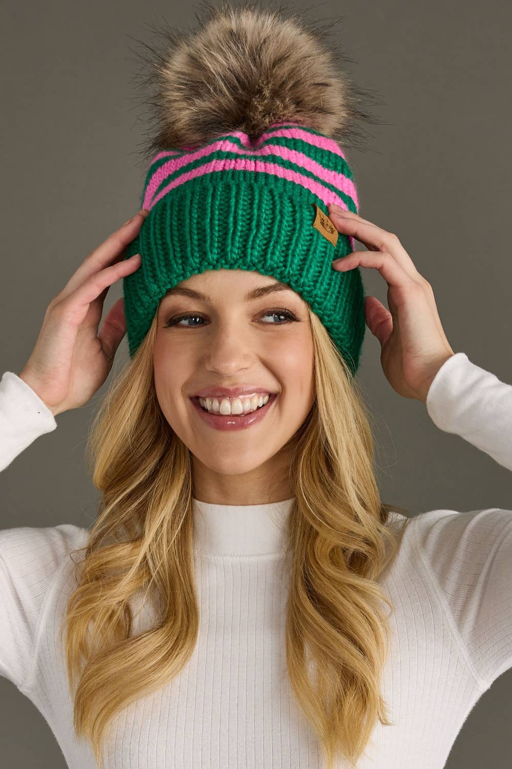 Green & Pink Striped Pom Hat