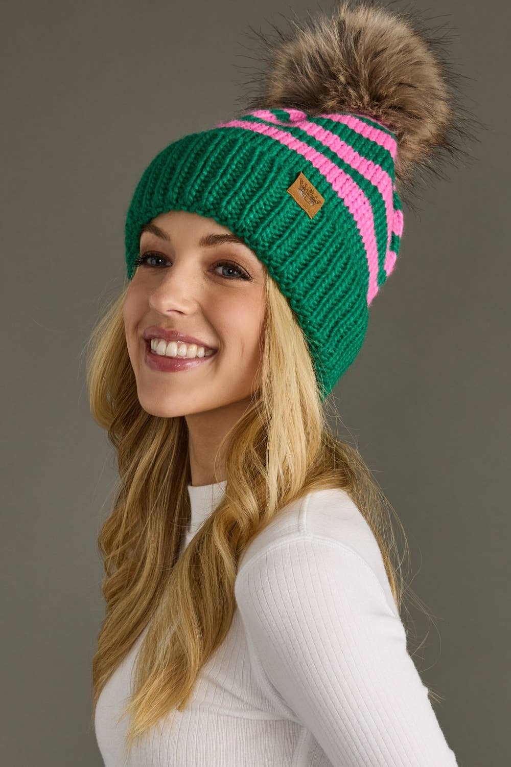 Green & Pink Striped Pom Hat