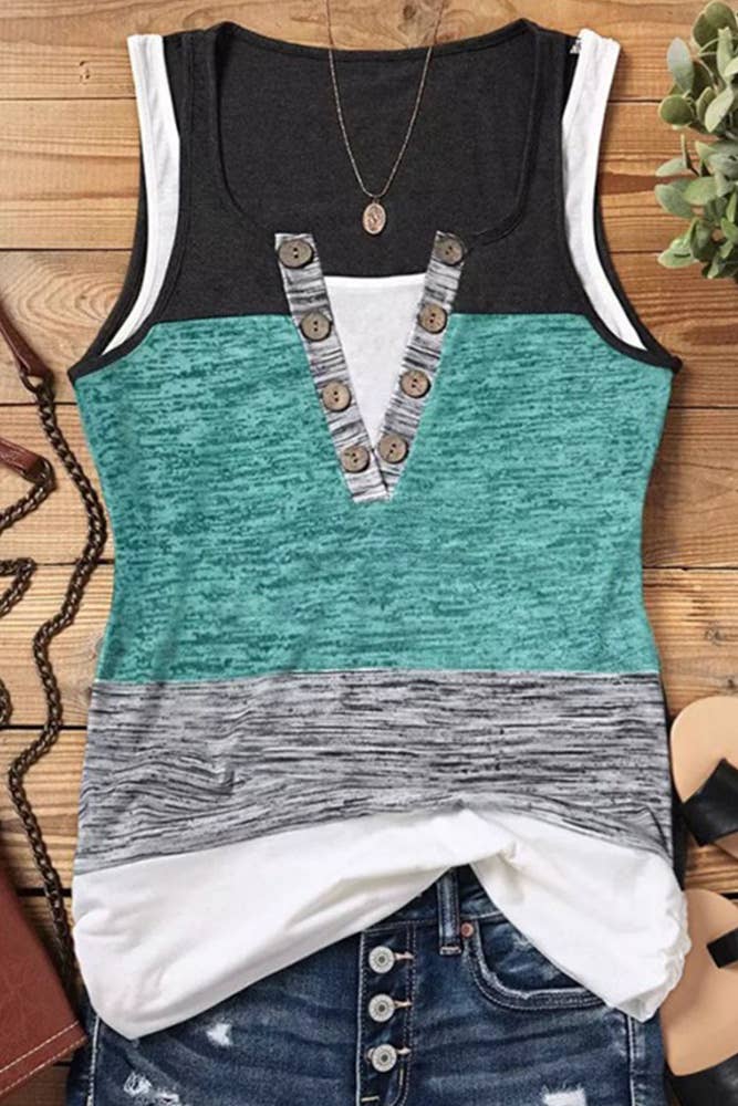 V-Neck Button Colorblock Tank Top