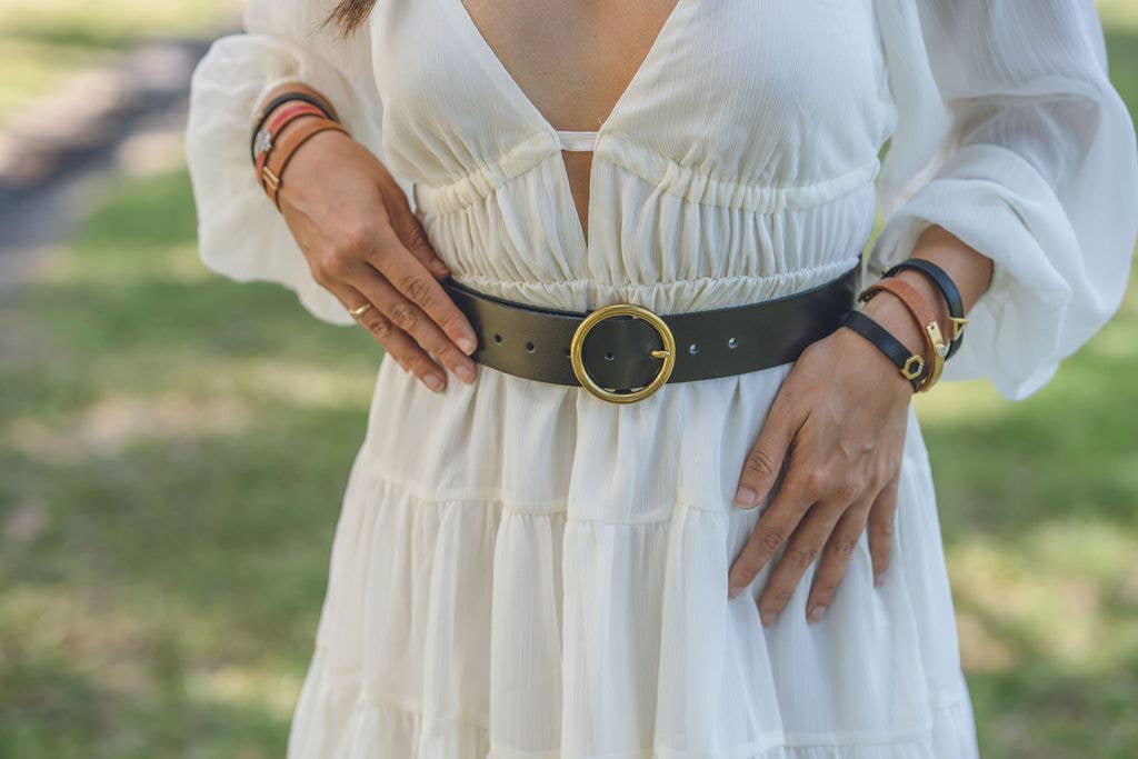 Wide Brass-Toned-Buckle Leather Belt