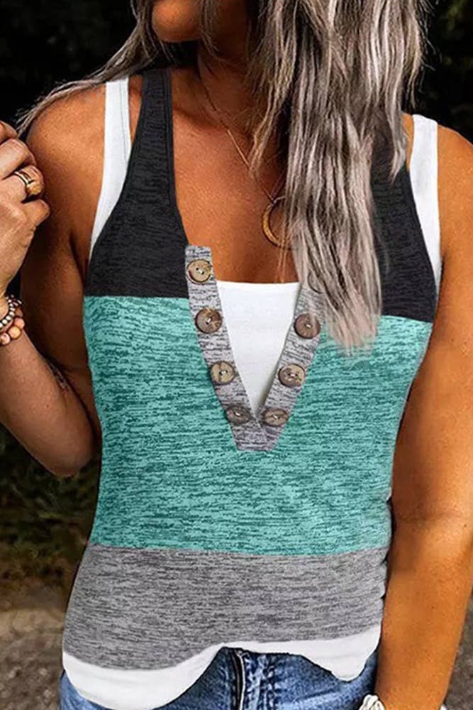 V-Neck Button Colorblock Tank Top