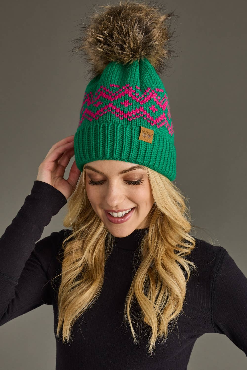 Green & Speckled Patterned Pom Hat