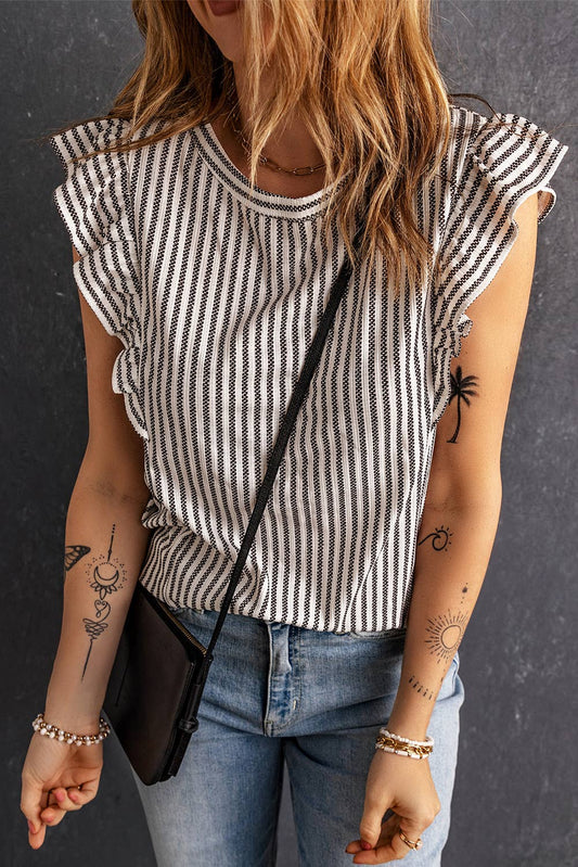 Striped Crew Neck Ruffled Tank Top