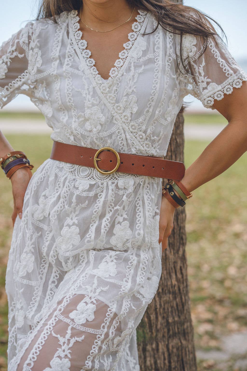 Wide Brass-Toned-Buckle Leather Belt