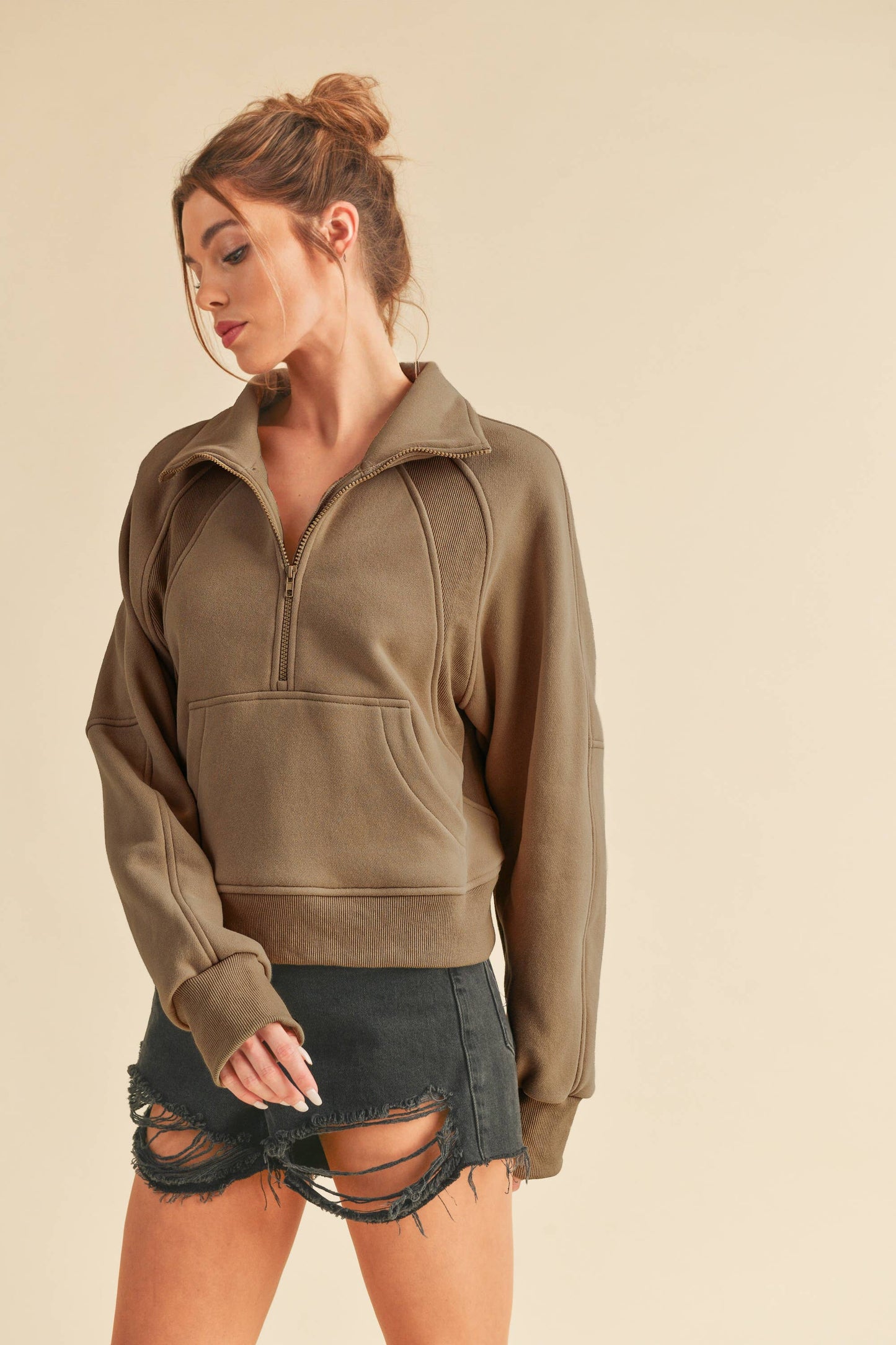 Half-Zip Pullover Cropped Sweatshirt